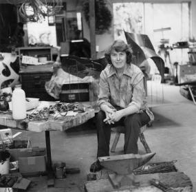 Claire Falkenstein in her Venice, CA studio at 719 Ocean Avenue, 1975