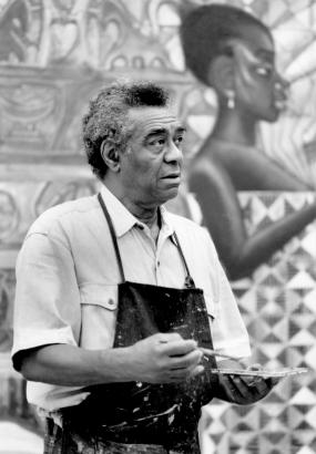John Biggers paints the “House of the Turtle” mural at Hampton University, Hampton, VA, c.1990