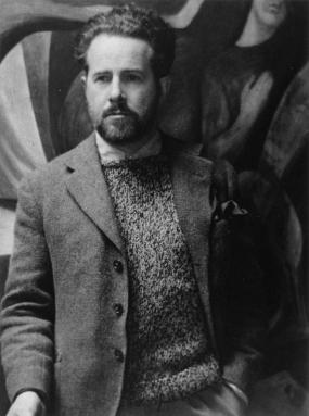 Mark Tobey with his mural at Dartington Hall, Devonshire, UK, c.1933