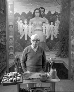 Irving Norman in his Half Moon Bay, CA studio with his monumental triptych Human Condition (1980-81)